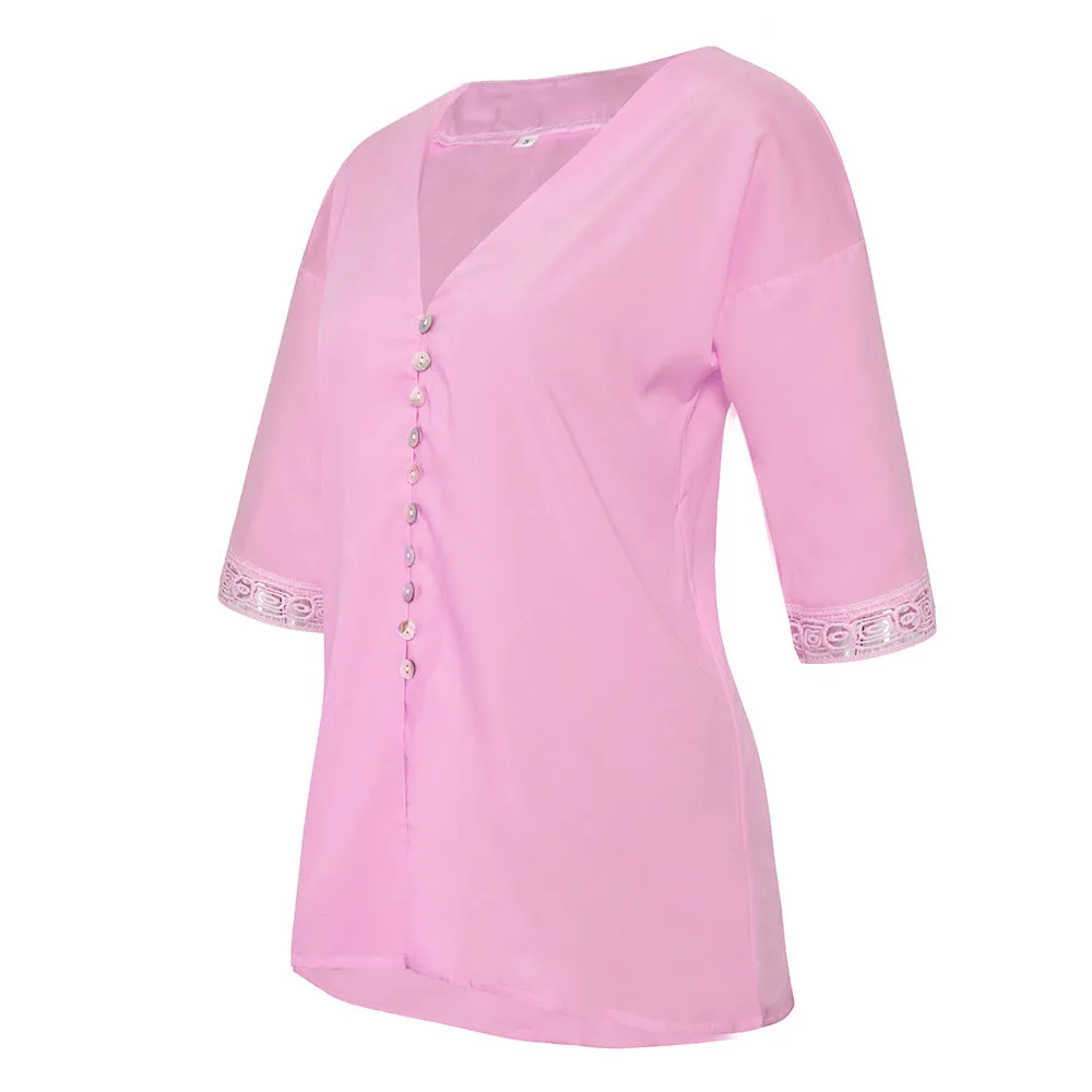 Women's Loose V Neck Lace Edge Shirt Button Blouse