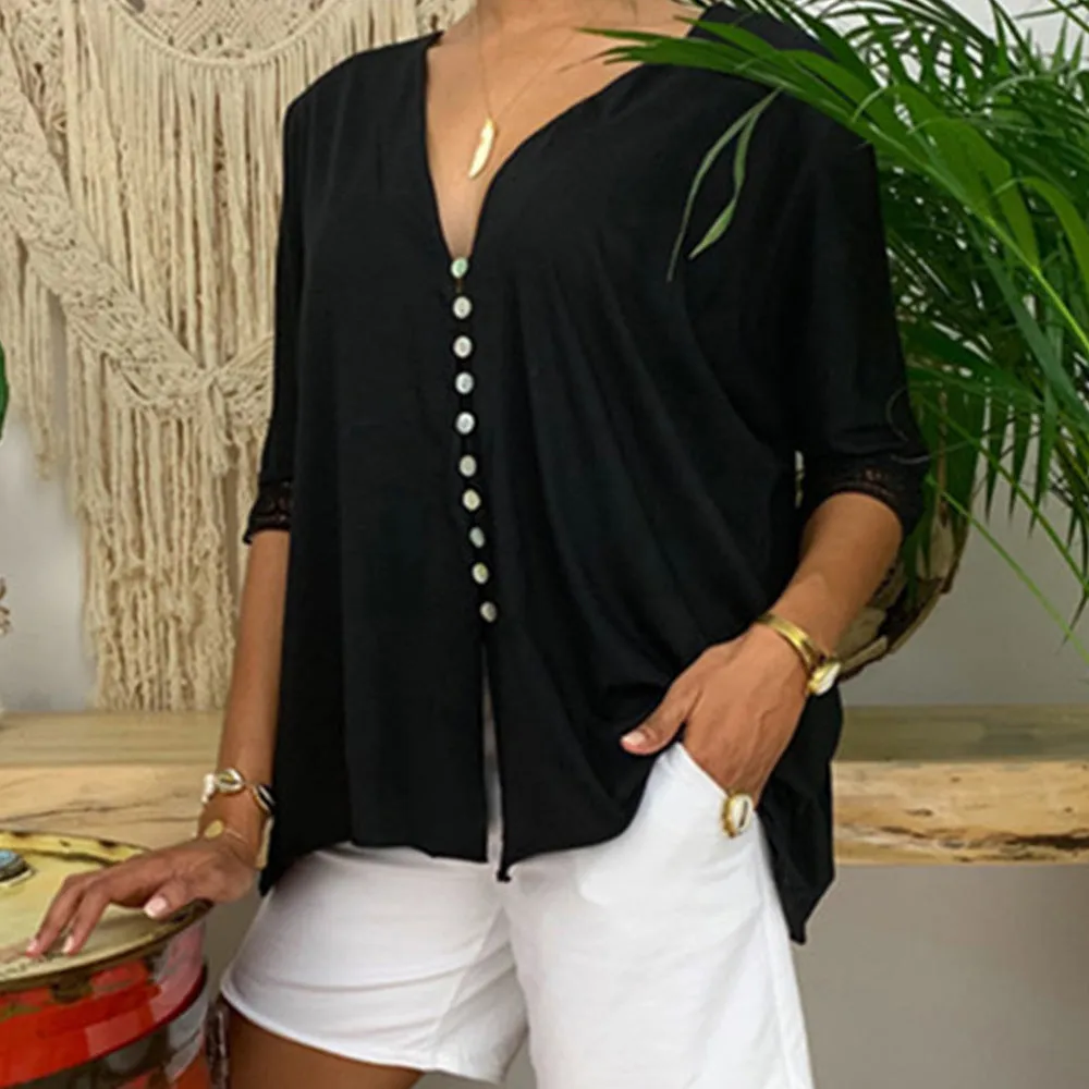 Women's Loose V Neck Lace Edge Shirt Button Blouse