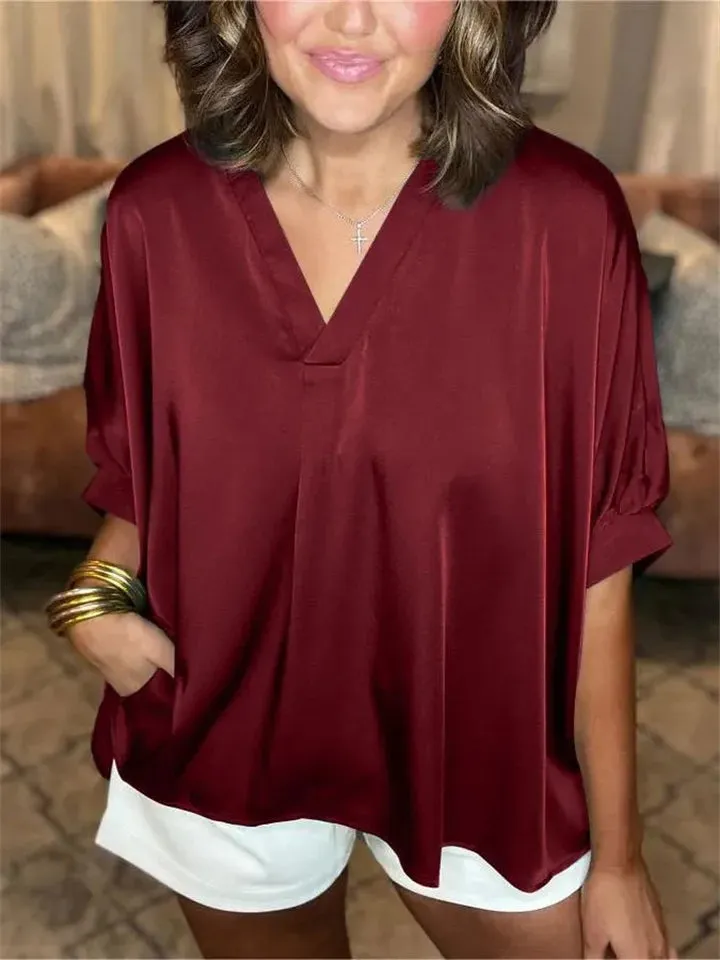 Women's V Neck Silky Smooth Loose Short Sleeve Shirt