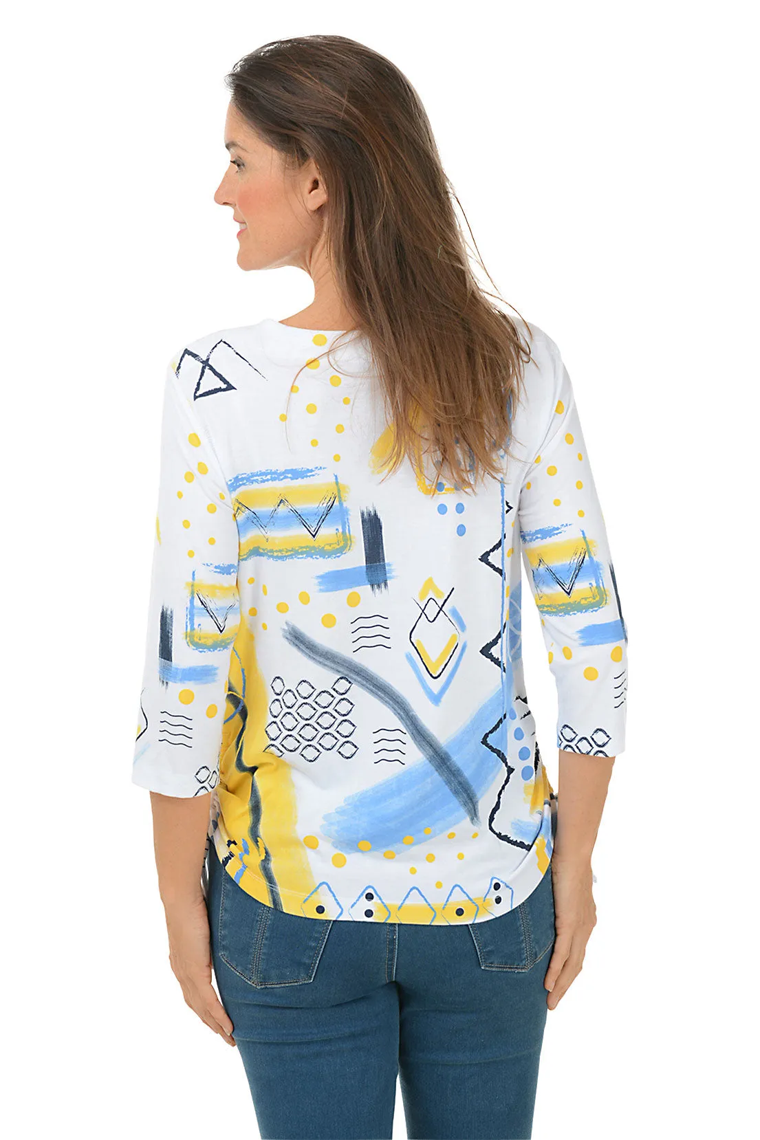 Yellow Abstract Diamonds Side Shirred Top
