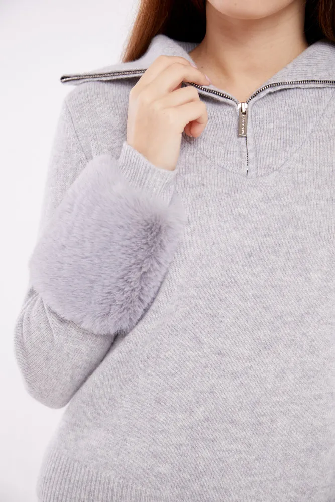 Zip Up Faux Cuff Sweater in Fog